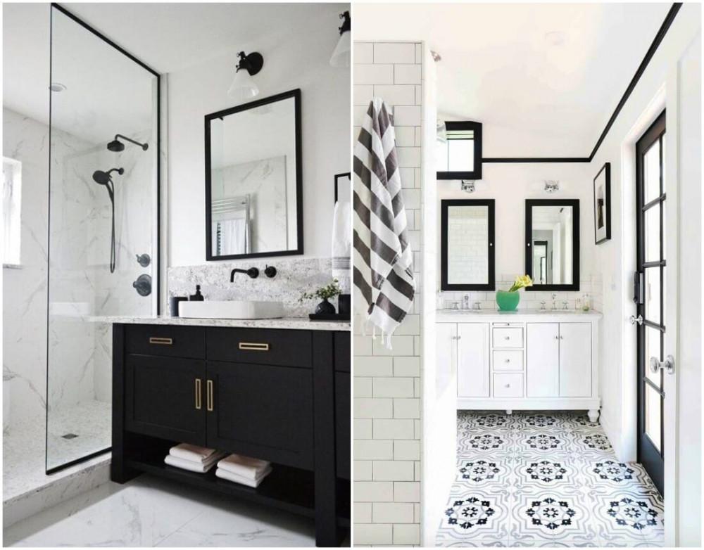 Черни акценти в белия интериор на банята