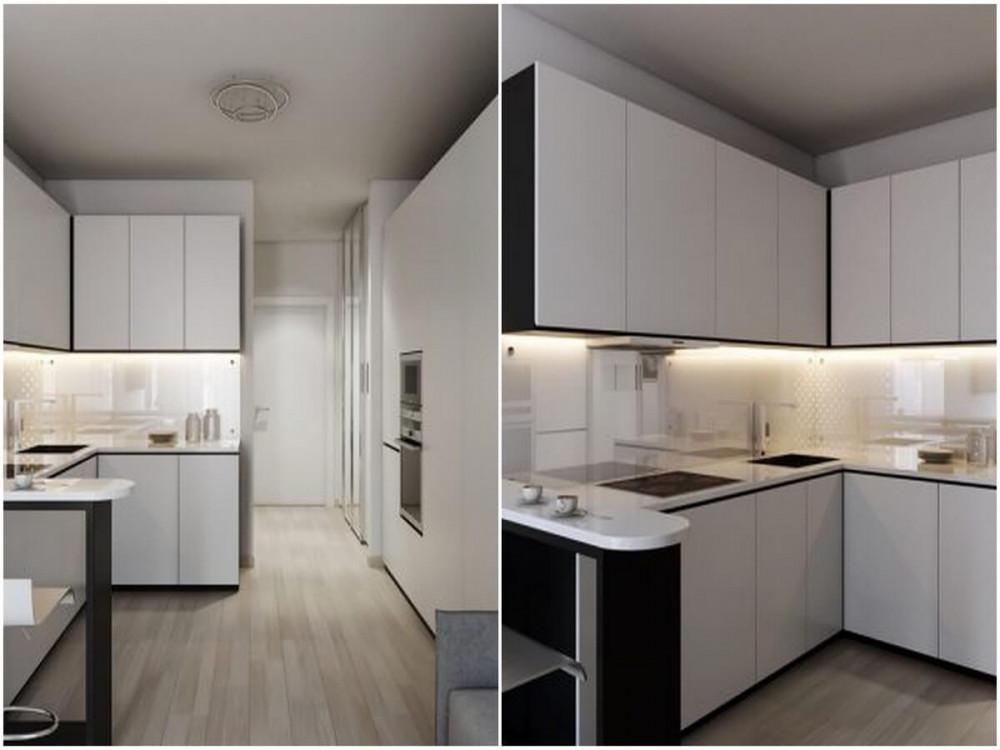 Кухнята се придържа към балансирания дизайн на дома