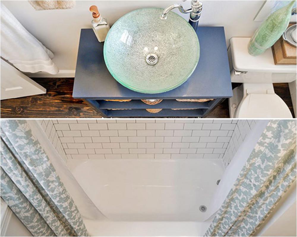 Ефектна мивка, свежи завеси и стилен шкаф в тъмно-син цвят