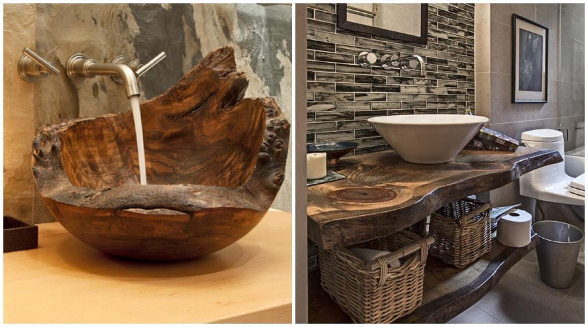 Елементи от необработено дърво в банята