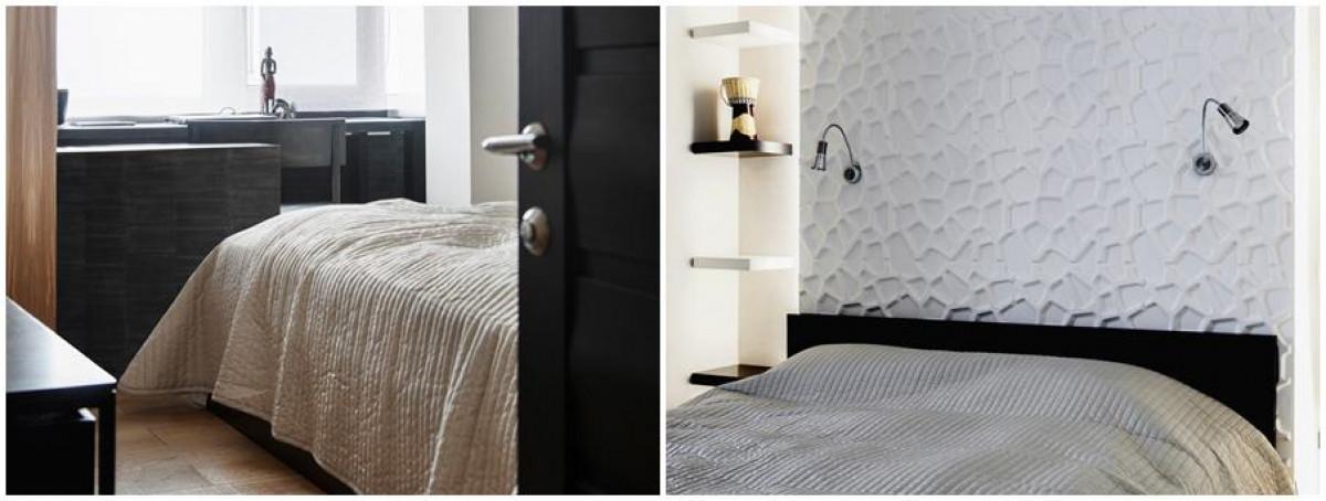 Дизайнът в спалнята също се придържа към основната идея