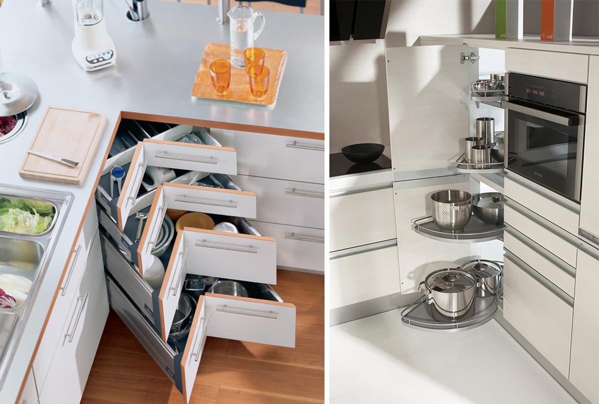 Чекмеджетата в ъгловите кухненски решения