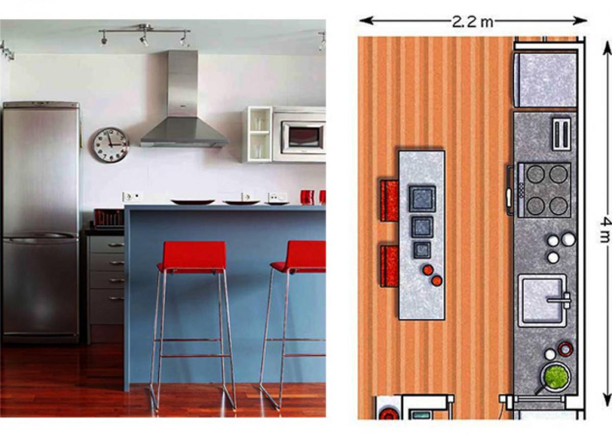 Продълговата кухня в съседство с хола