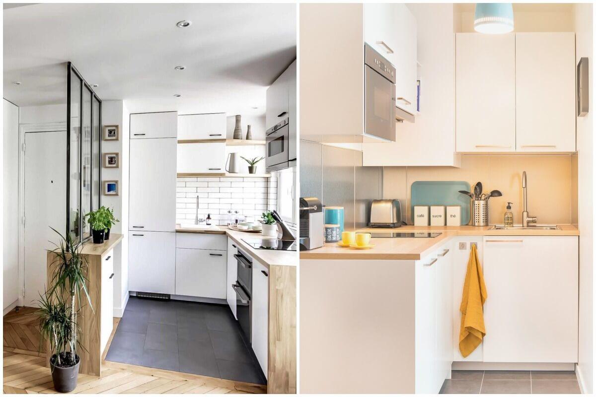 Белите кухненски шкафове съчетайте с дървени плотове