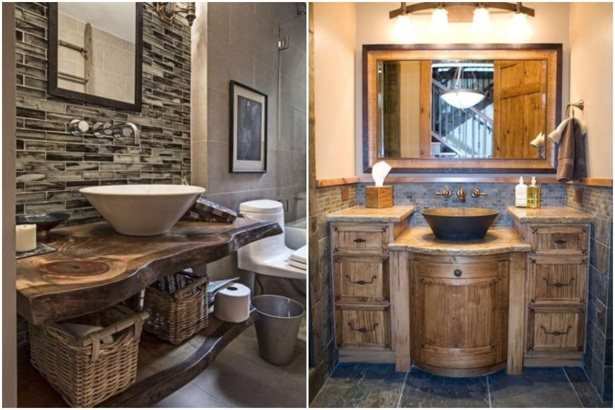 Мивка, шкафове и огледала в рустик стил