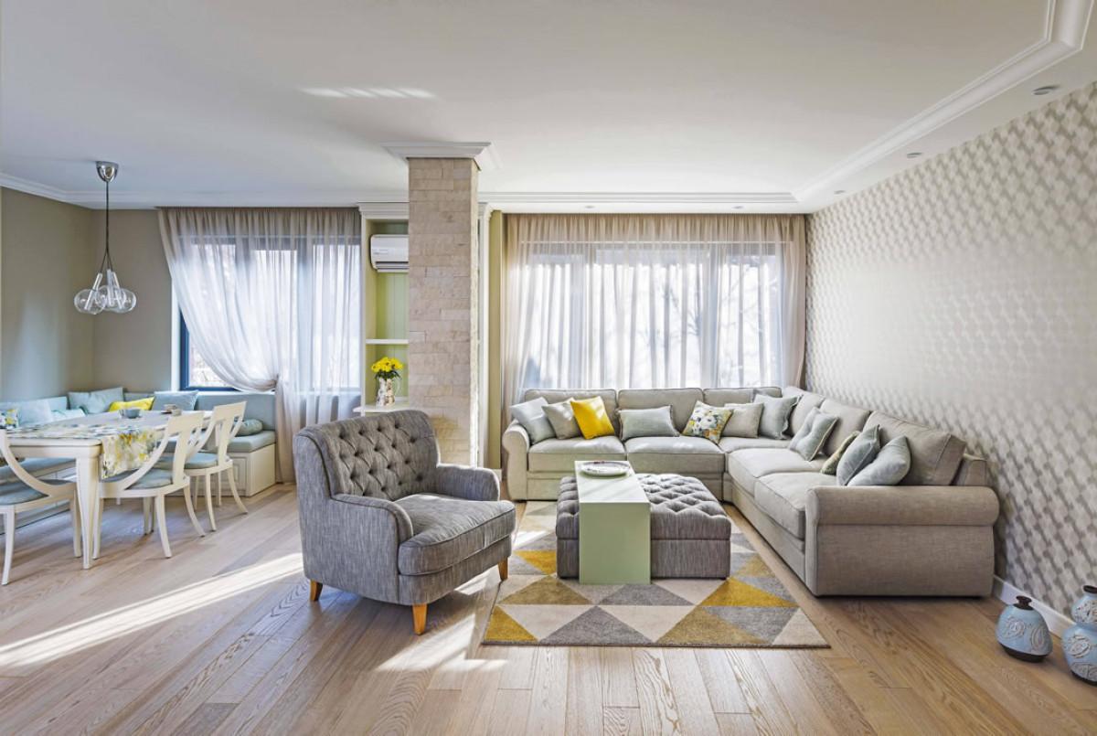 Обединено пространство за кухнята,трапезарията и хола