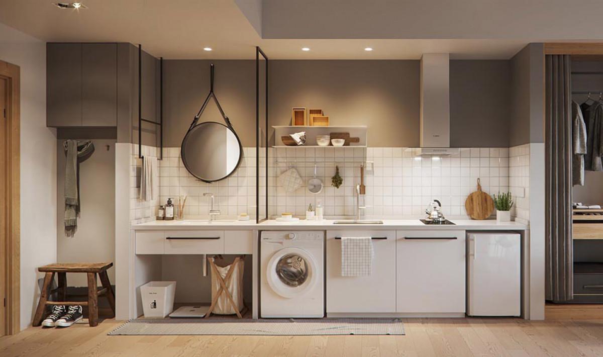 Кухненска зона, обединена с част от банята