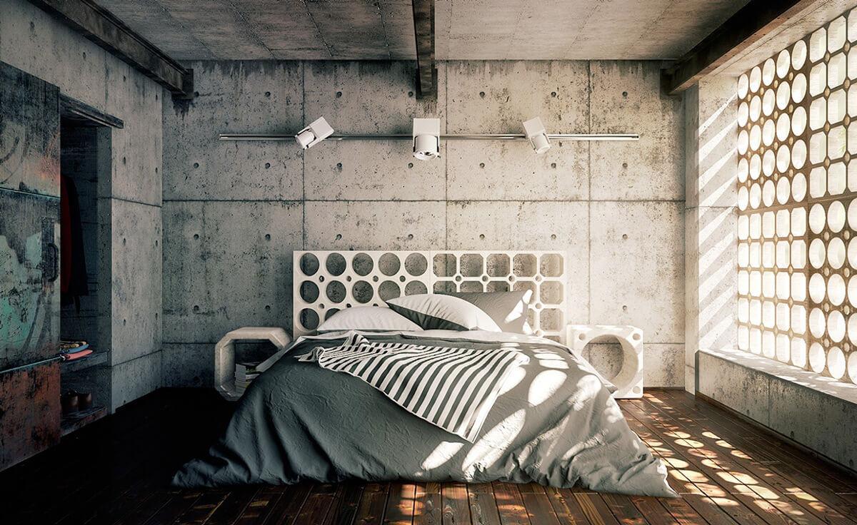 Бетонна стена за по-необикновен вид в интериора на спалнята