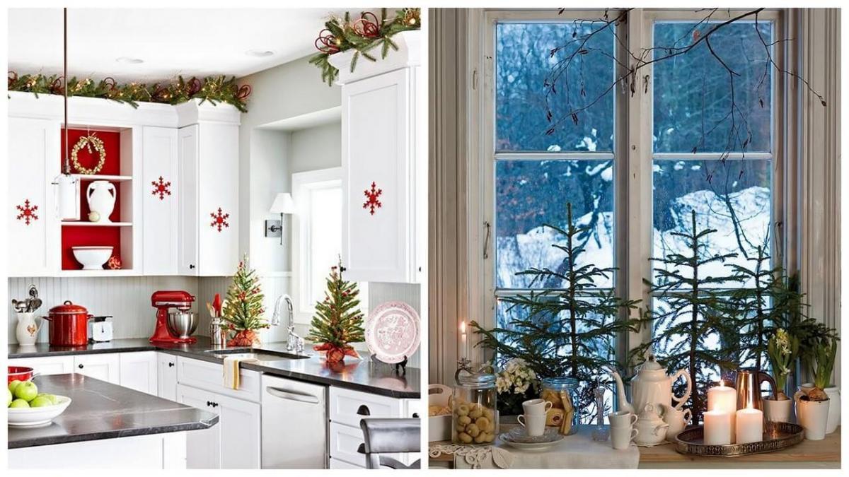 Елхови клонки и малки коледни дръвчета в кухнята