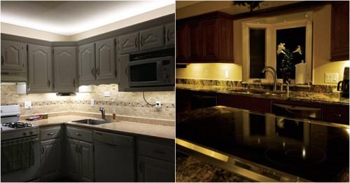 Идеи за блестяща и комфортна кухня с лампи под шкафовете