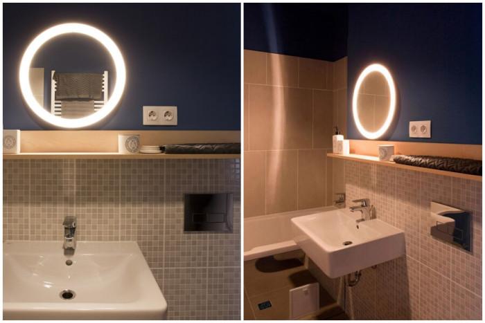 Банята грабва мигновено вниманието със смелата комбинация от цветове