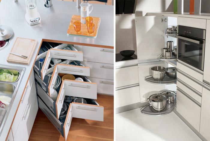 Чекмеджетата в ъгловите кухненски решения