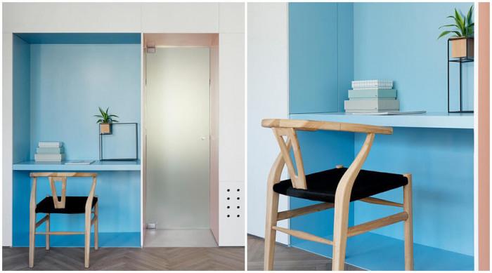 В общото помещение е оформено кокетно работно пространство