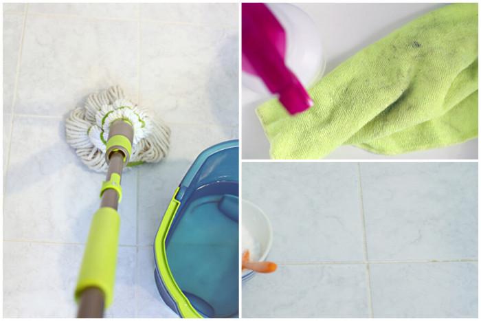 Почистете плочките в банята с мека кърпа, вода и оцет