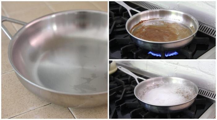 Отстранете загорелите храни от вътрешността на тигана