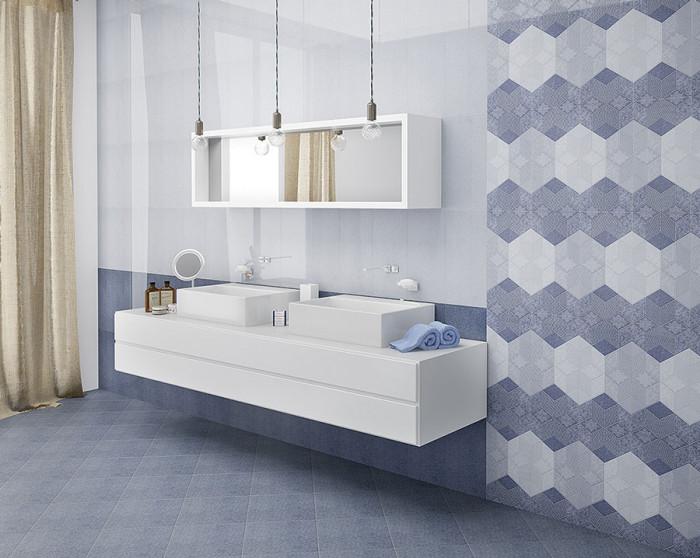 Осмоъгълни форми на плочките и флорални мотиви в семпли тоналности