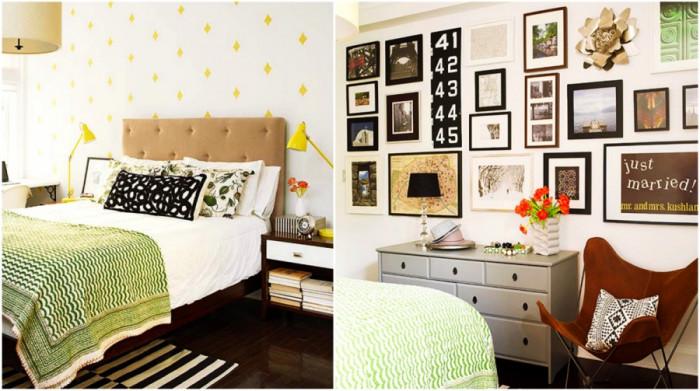 Жълти диаманти и арт колаж в спалнята