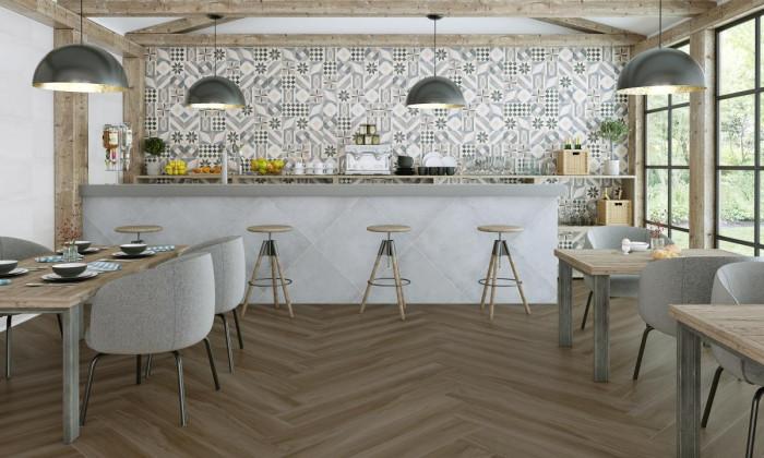 Дърво, цимент и геометрични декори в кухнята