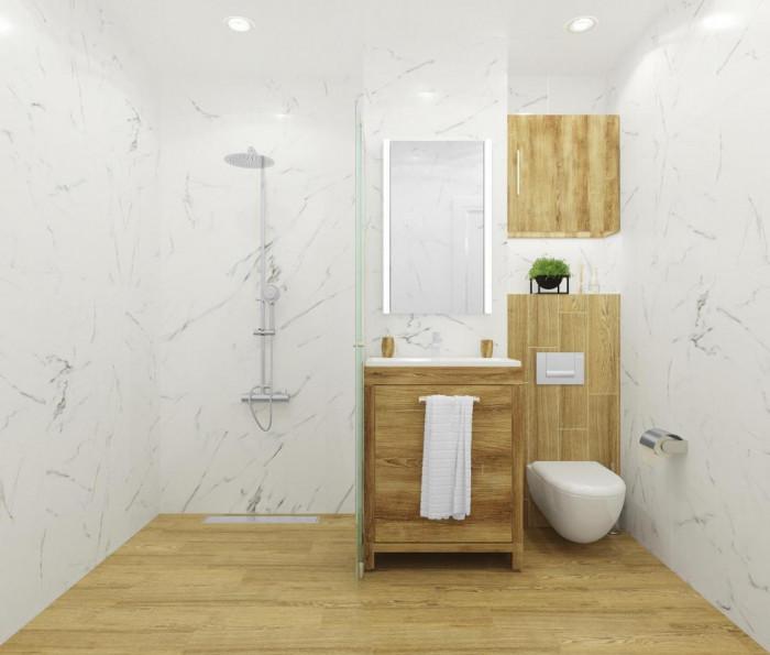Елегантна баня, комбинация от мрамор и дърво