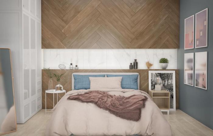 Уютът среща лукса в спалнята с комбинация от мрамор и дърво