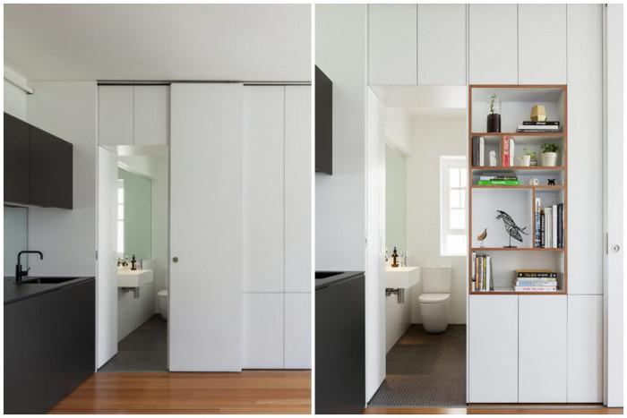 Банята е приютена зад друга скрита врата в стенния модул