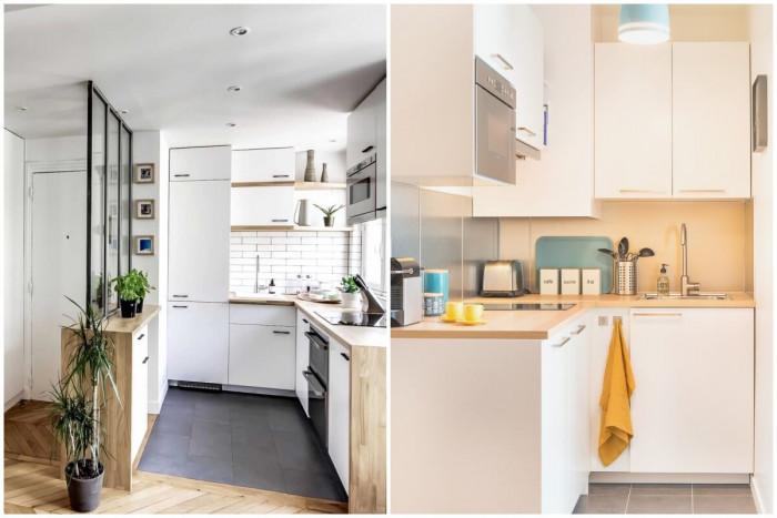 Белите кухненски шкафове съчетайте с дървени плотове