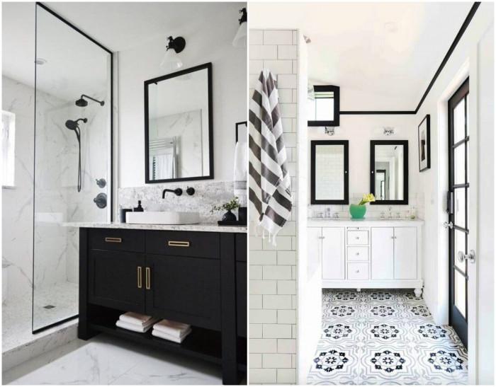 Черни акценти в белия интериор на банята