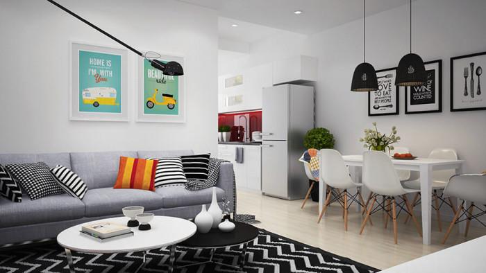 Изчистените линии на мебелите срещат смелите и провокативни картини