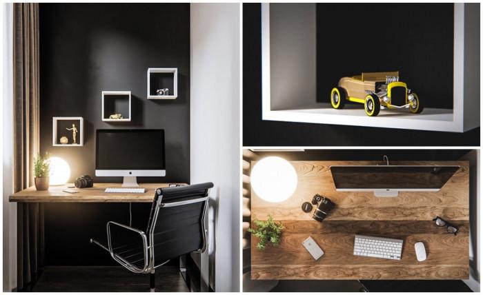 Работното кътче в хола се отличава със стилни детайли