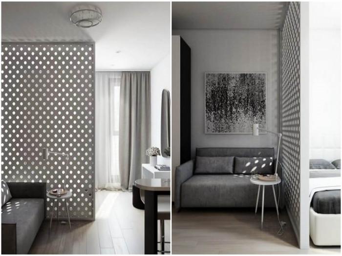 Дневната и спалнята са разделени от невероятна преградна стена