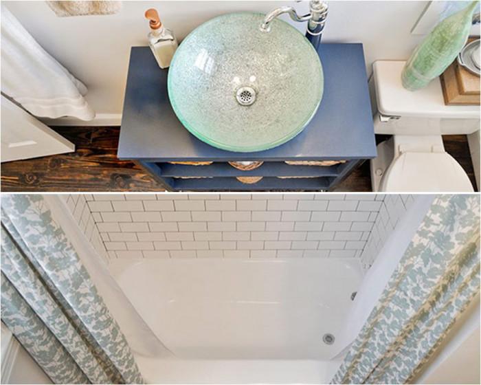 Ефектна мивка, свежи завеси и стилен шкаф в тъмно-син цвят