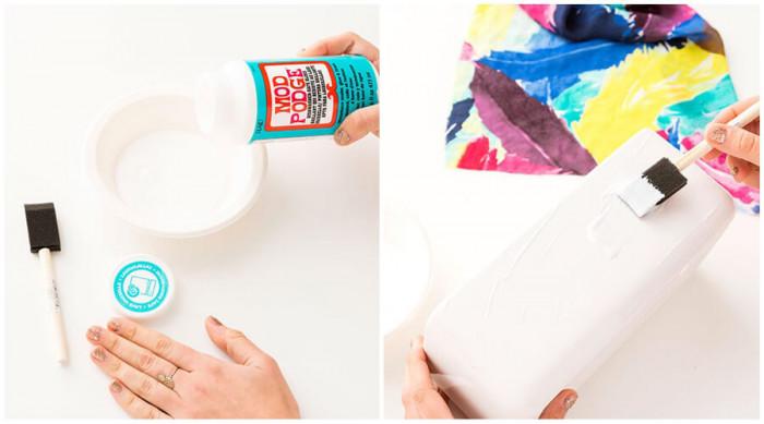 Стъпка 1: Нанесете тънък слой лепило върху саксията и прилепете плата