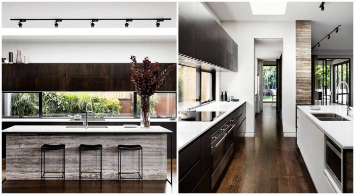 Удобна кухня с голям остров в сив дървесен цвят