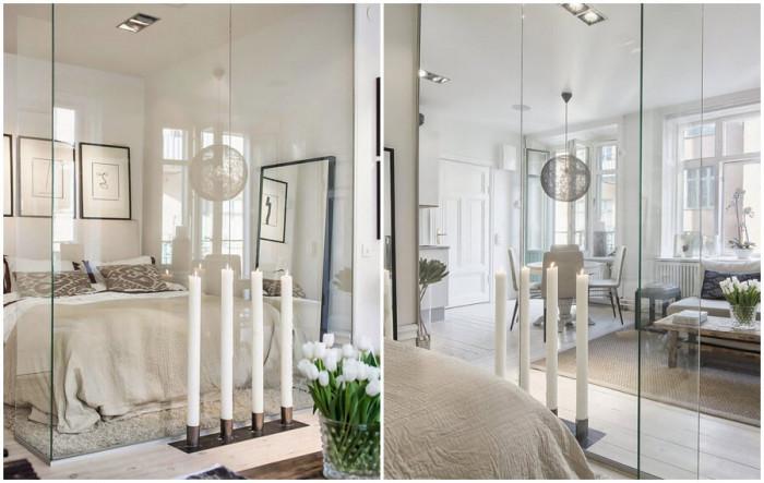 Спалнята е отделена от останалата част от жилището чрез стъклена преграда