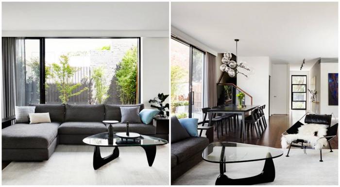 Дневна с контрастиращи монохромни цветове, които са основите на цялото жилище