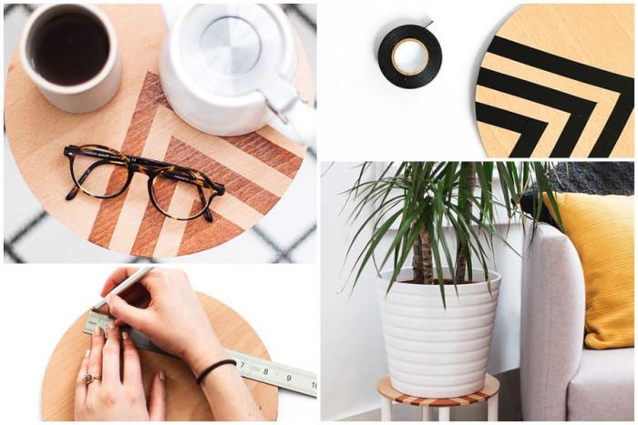 Украсете дървения плот на масичката със спрей боя и тиксо