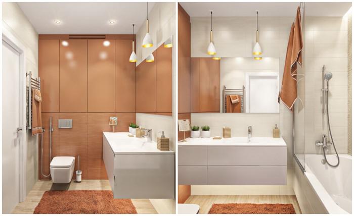 Банята среща изчистеното бяло с меките тонове на оранжевото