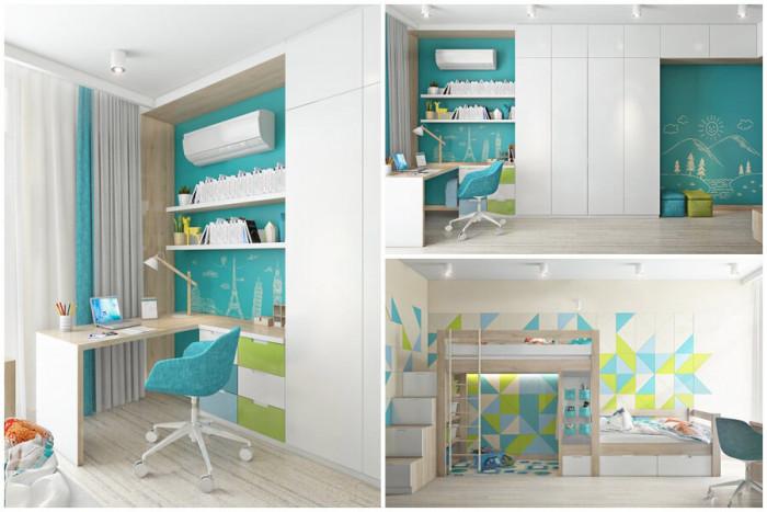 Функционална и интересна детска стая в синьо и зелено