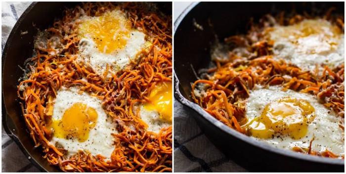 Нудъли от сладки картофи с яйчени “гнезда”