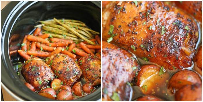 Крехко пилешко със зеленчуци, приготвени на бавен огън