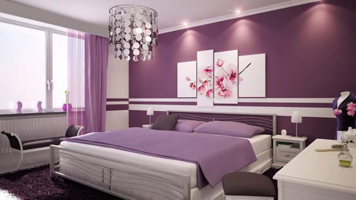 Дизайн на спалнята в бяло и люлякови нюанси