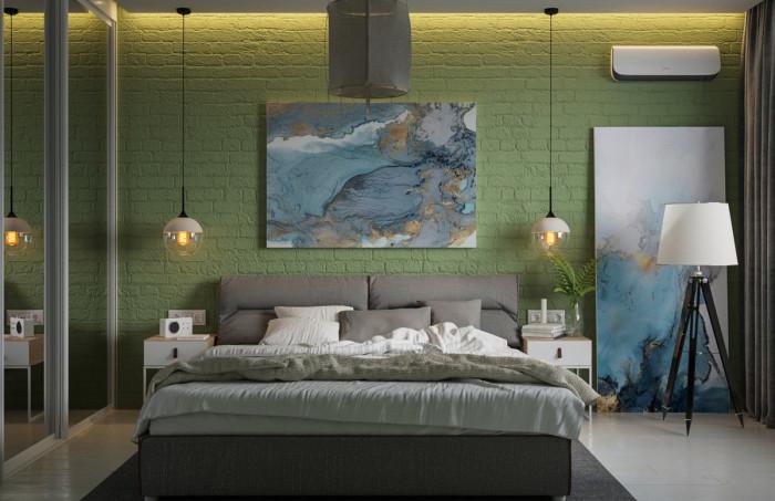 Зелена спалня с мраморни акценти