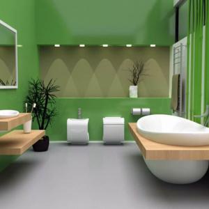 Еко дизайн за баня в зелено, съчетан с елементи от дърво
