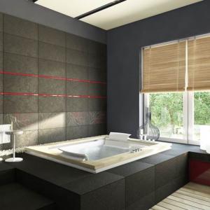 Голяма вана и черни плочки с фини абстрактни рисунки