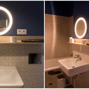 Банята грабва мигновено вниманието със смелата комбинация от цветове