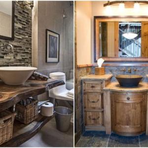 Мивка, шкафове и огледала в рустик стил