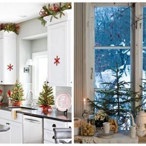 Елхови клонки и малки коледни дръвчета в кухнята