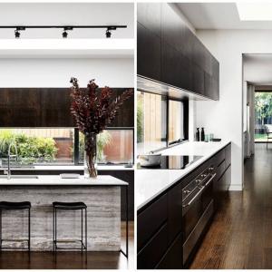 Удобна кухня с голям остров в сив дървесен цвят