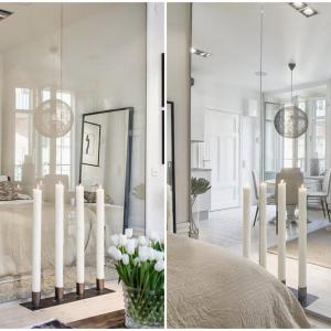 Спалнята е отделена от останалата част от жилището чрез стъклена преграда