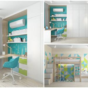 Функционална и интересна детска стая в синьо и зелено